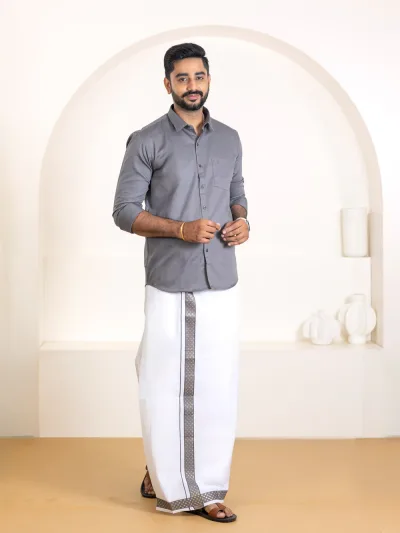 Men 100% Cotton Shuttle Grey Shirt and Fancy Border Dhoti Set BT6